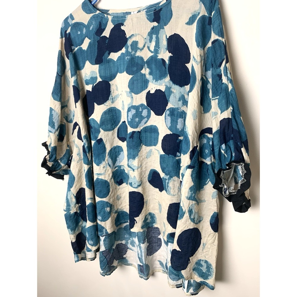 NEW Artsy Lagenlook Linen Top Womens One Size Abstract Blue Print HiLow - Picture 4 of 14